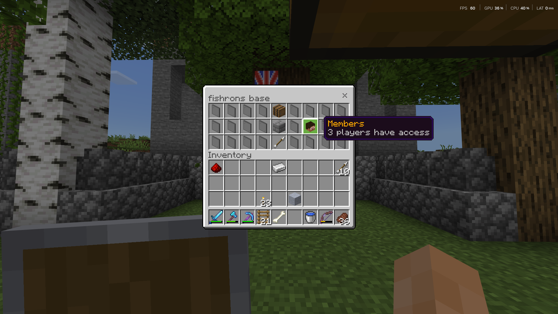 The /claim display in game, showing bases, rent and debt